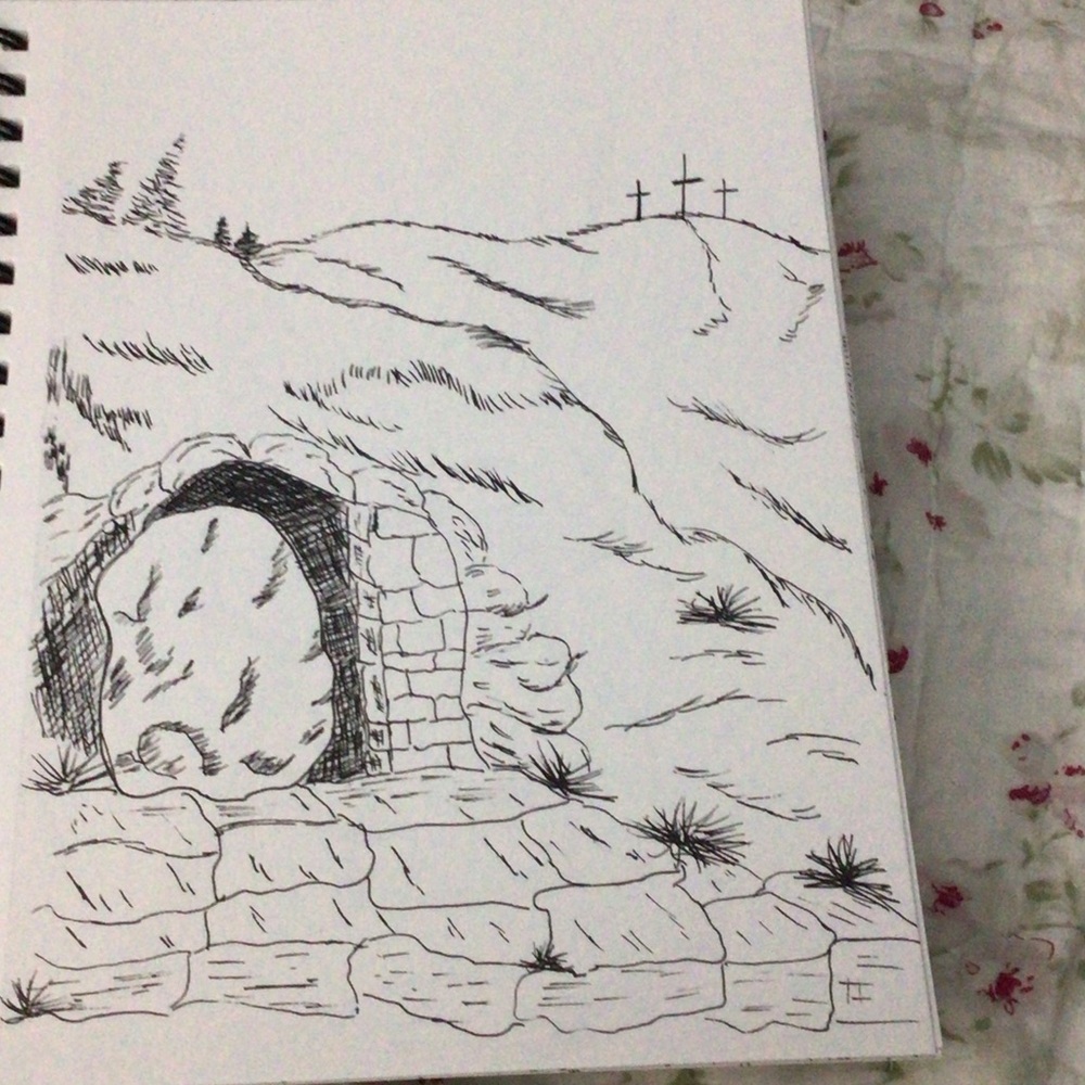 Hand-Drawn Black and White Religious Tomb Illustration